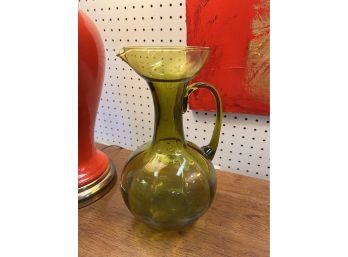 Vintage Mid Century Modern Hand Blown Bulbous Ribbed Glass Pitcher