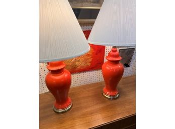 Vintage Pair Orange Red Urn Lamps