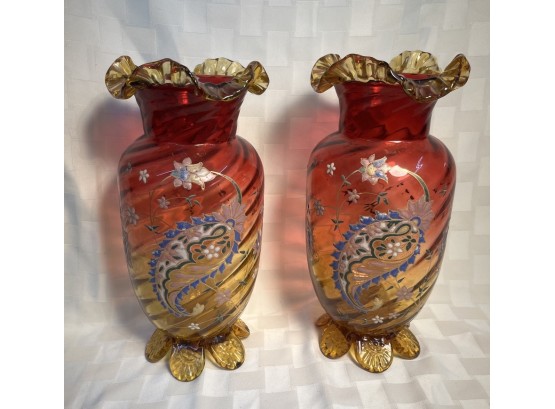 Antique English Amberina Vases Hand Painted Enamel Floral - Pair
