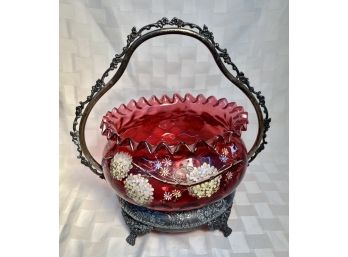Antique Cranberry Thumbprint Bride's Basket   Meridian SP Stand