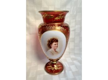 Moser Bohemian Cranberry Glass Portrait Vase With Gold Accent