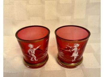 Antique Hand Painted Cranberry Glass Mary Gregory Boy Girl Matching Cups