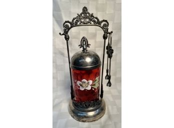 Antique Cranberry Pickle Castor - Hand Painted Enamel Flowers - American SP