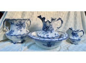 Antique Grindley 'Albany' Flow Blue Toilet Chamber Wash Set - 4 Pieces