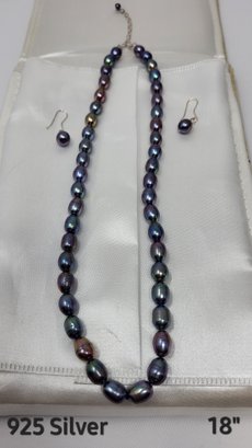 925 Silver Blue Green And Purple  Beads 18' Necklace With Earrings And Bracelet.  The Bracelet Needs Repair.