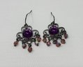 Purple Stones And Beaded Wire Earrings.  Unmarked