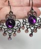 Purple Stones And Beaded Wire Earrings.  Unmarked