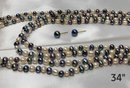34' Blue, Brown And White Pearl Necklaces With Earrings, Gold Post