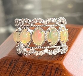 Sterling Silver  .925 Ladies Ring With Opal And Diamonds