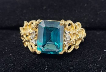 Wow Topaz 10 KT Ladies Gold Ring With Diamond And Emerald Cut Topaz Gemstone  Size 8.5