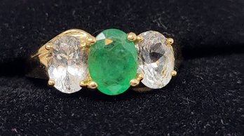 SZ 10, 14KT Yellow Gold  Green Emerald And White Gemstones