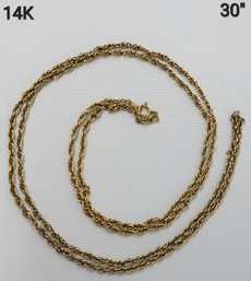 14K Yellow Gold  30' Rope Style Necklace  7.3g Twisted Chain