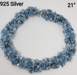 925 Sterling Silver 21' Necklace Light Blue Stones