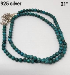 Sterling .925 Silver Clasp And Chain 21' Adjustable Length Necklace  Turquoise Small Round Beads