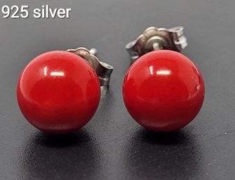 .925 Sterling Silver Earrings Red Beads