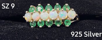 SZ 9 925 Silver Opal/Green Gemstones