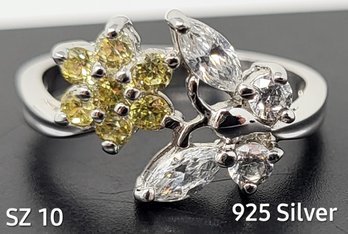 SZ 10 925 Silver White And Yellow Gemstones Butterfly And Flower Ring