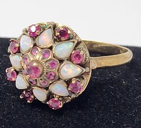 Princess Ring, SZ 9 14KT Yellow Gold Vintage Opal Gemstones, Garnets