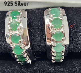 925 Sterling Silver .925 Hoop Earrings With Green Emerald Gemstones