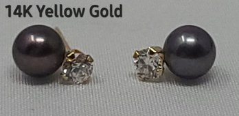 14K Cultured Black Pearl Earrings  With Gemstones