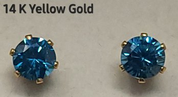 14 K Yellow Gold  Earrings With Blue Gemstones 'Topaz Or Sapphire?'