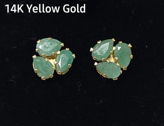 14K Yellow Gold Earrings With Emerald Green Stones