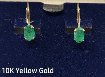 10K Yellow Gold Earrings  With Green Emerald Gemstones, Estate Jewelry