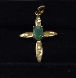 10K Yellow Gold Cross Pendant With Green Emerald GemStone