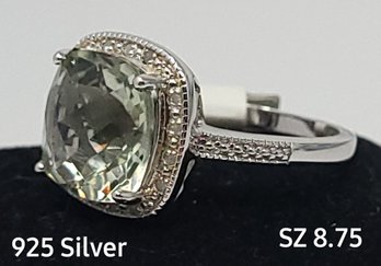 SZ 8.75  925 Sterling Silver Light Green Gemstone Ring