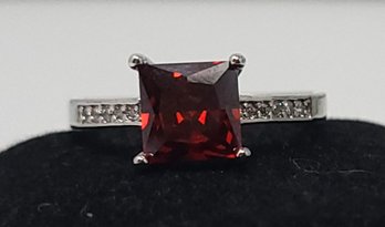 SZ 6.75 Red Gemstone Ring  Silver Colored Metal Not Stamped