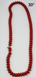 30' Red Bead Necklace  Clasp Needs A Repair