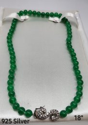 925 Sterling Silver 18' Green Beaded Necklace With 'S' Monogram 'Jade?'