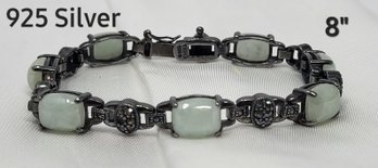 925 Sterling Silver 8' Bracelet With Light Green Stones 'moonstones Or Jade?'