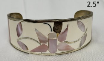2.5 ' Silver .925 Mexico Cuff Bracelet With Mother Of Pearl Inlay Needs A Repair