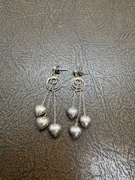 Vintage .925 Sterling Silver Earrings With Hearts, Dangle Earrings