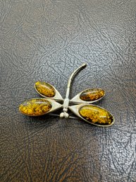 Sterling Silver .925 Brooch, Pin, Butterfly Amber Stones