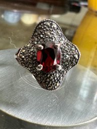 Sterling Hammered Silver .925 Ring Red Gemstone