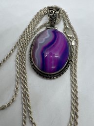 Sterling Silver 24 Inch Chain Agate Stone Charm Pendant