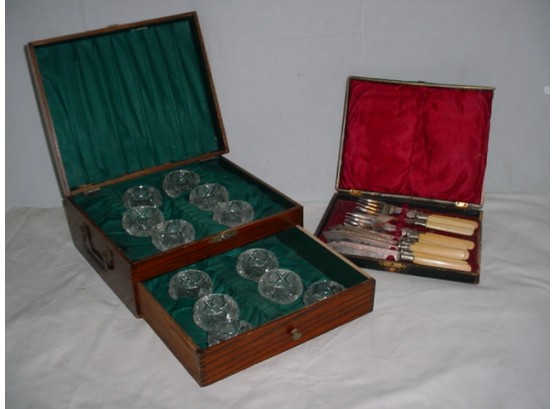 Group Of 12 Cut Glass Salt Sellers In Oak Box, 11 Piece Set Of Bone Handled Knives And Forks