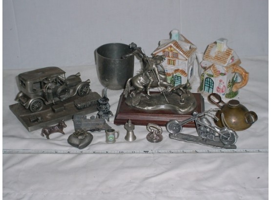Assorted Pewter Lot, China Sugar & Creamer, Copper Oil Lamp