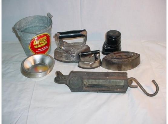 Iron Lot, 3 Sad Irons, Gifford Wood Co. Scale, Navy Dept. Ink Well, Logan's Roadhouse Pail, 12 Metal Bowls