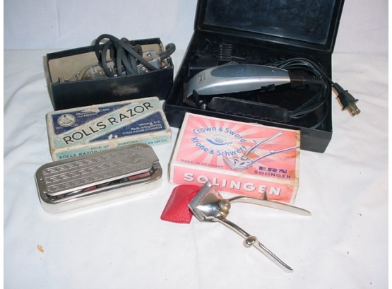 Assorted Barbering Tools, Electric Clippers, Rolls Razor (as Is), Hand Clippers