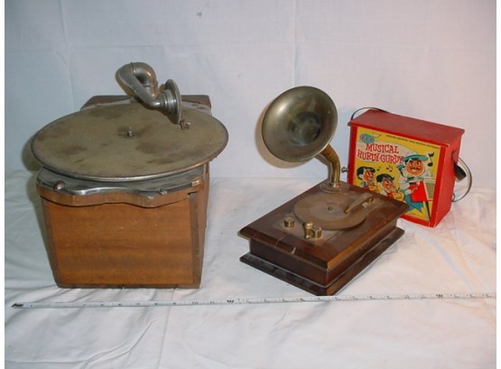 Antique Wind Up Phonograph (as Is, No Crank), Hurdy Gurdy (as Is), Piano Music Box With Horn