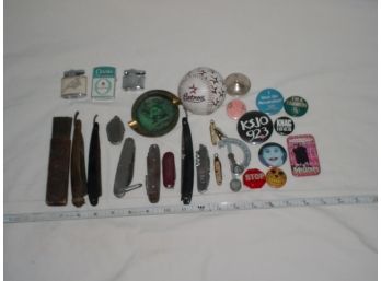 Razors, Knives, Scale, Lighters, Pin Back Buttons