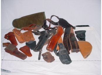 Assorted Leather Gun Holsters And Cartridge Belt