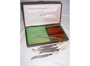 Box Of 6 Case Brand Dinner Steak Knives, 4 Mother Of Pearl  Spoons With Sterling Silver Collars