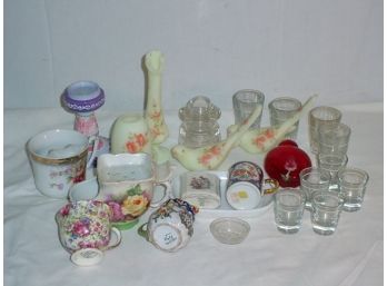 China Lot, Fenton, Germany, England, 9 Shot Glasses, Hand Blown Red Glass Scent Bottle