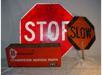 2 Stop Signs, Tin Rochester Carburetor Parts Box