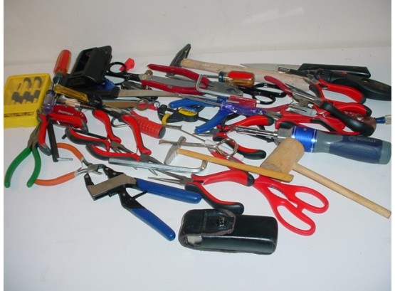 Box Of Tools, Pliers, Screwdrivers, Scissors, Etc.  (128)