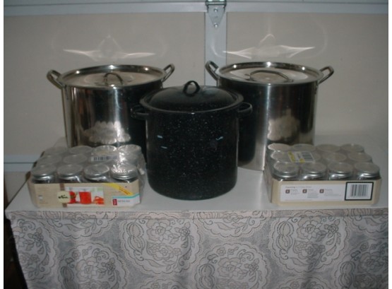 3 Canning Pots With 24 1/2 Pint Jars  (104)